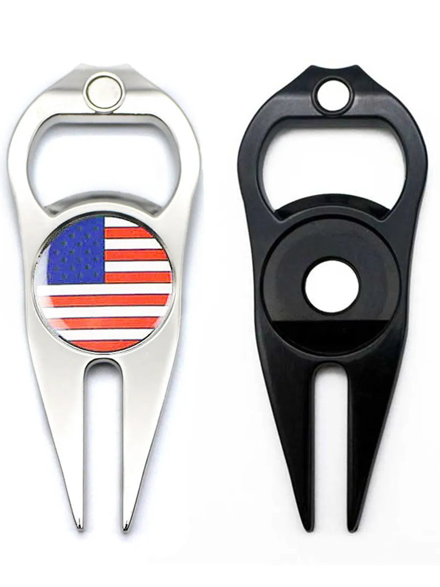 Zinc alloy golf ball yoke bottle opener tool with ball coin in black, green or silver colours