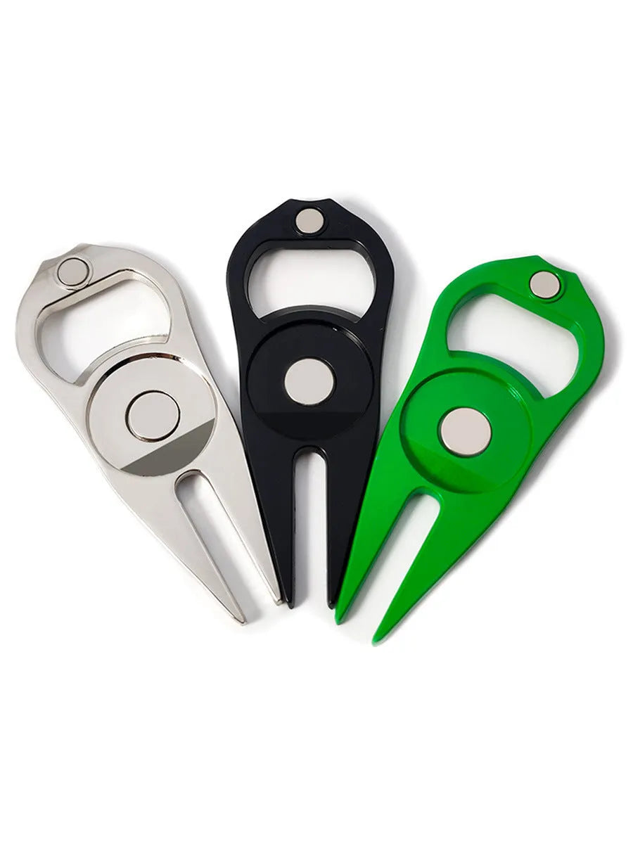 Zinc alloy golf ball yoke bottle opener tool with ball coin in black, green or silver colours