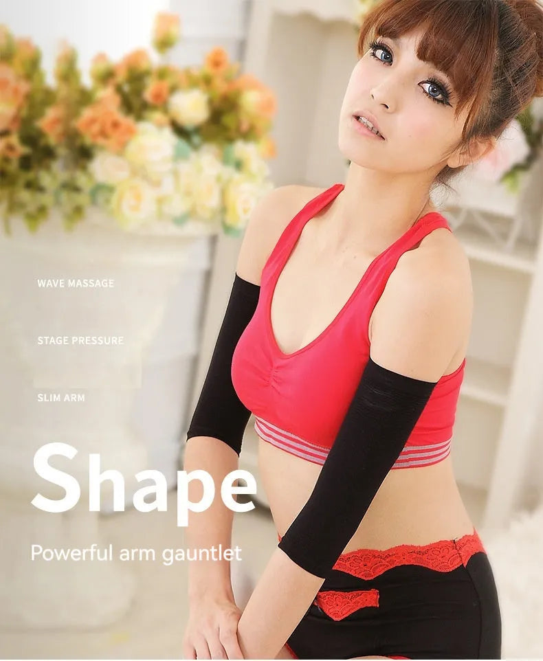 Black and skin colour women's shaping arm sleeves made from nylon blend fabric.