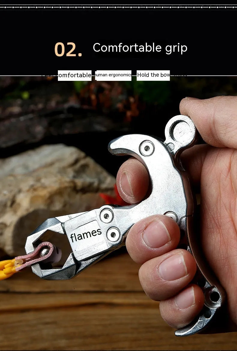 Zinc alloy archery release aid with a two-axis harpoon clip and stainless steel spring mechanism.