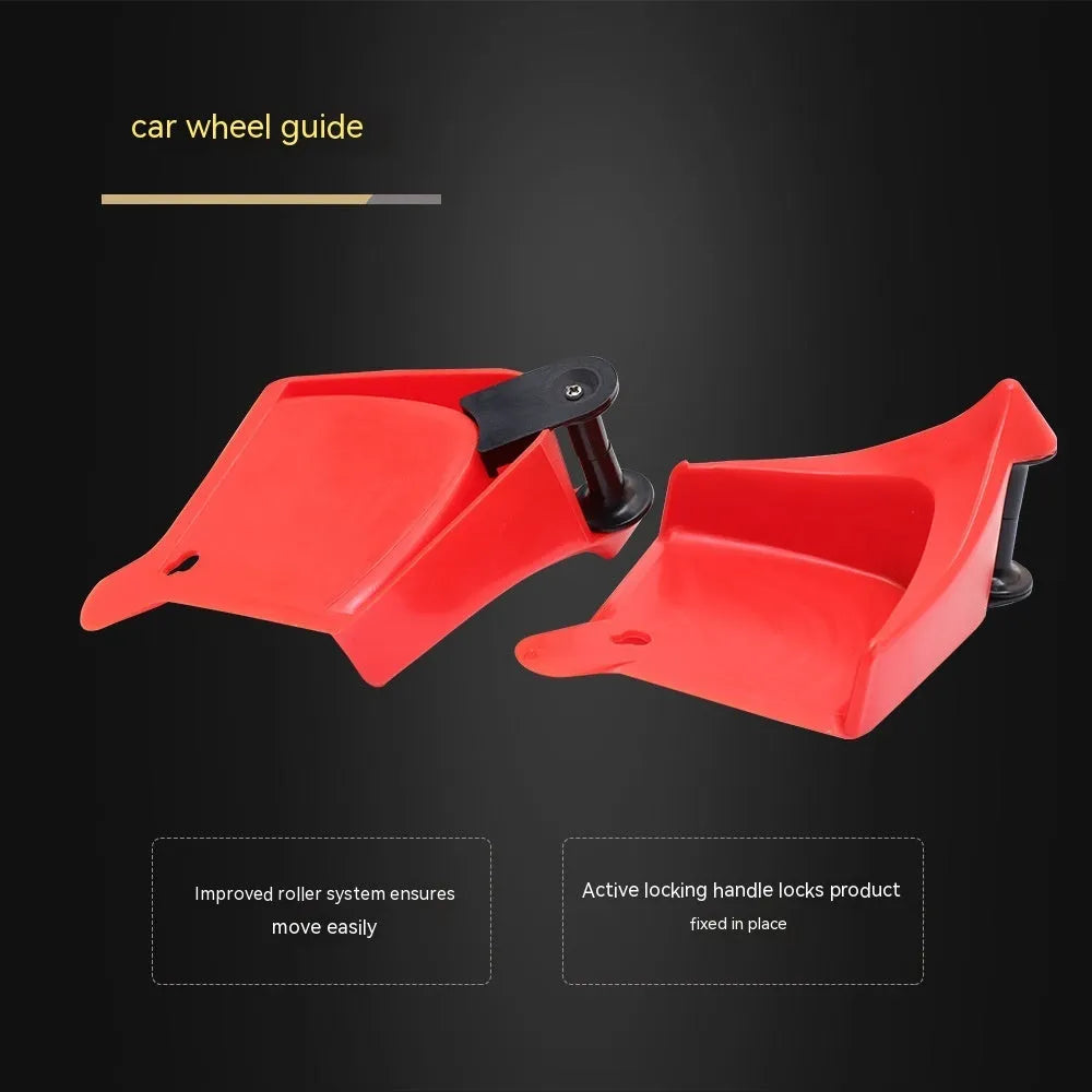 Four bright red triangular plastic parking blocks for car tyres