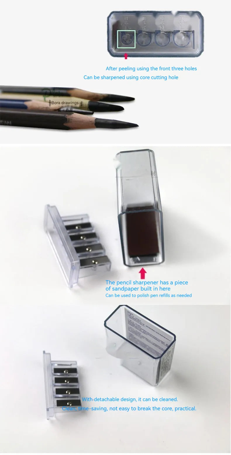 Geometric plastic pencil sharpener with four holes and an integrated screwdriver