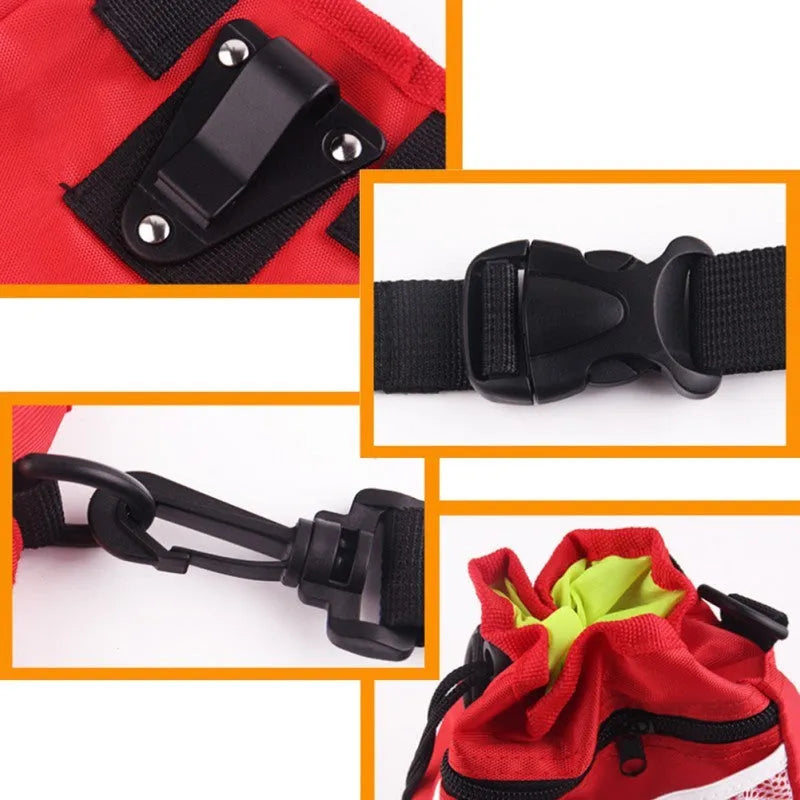Drawstring dog treat pouch in Oxford cloth with belt buckle, 18x14x6cm, black colour