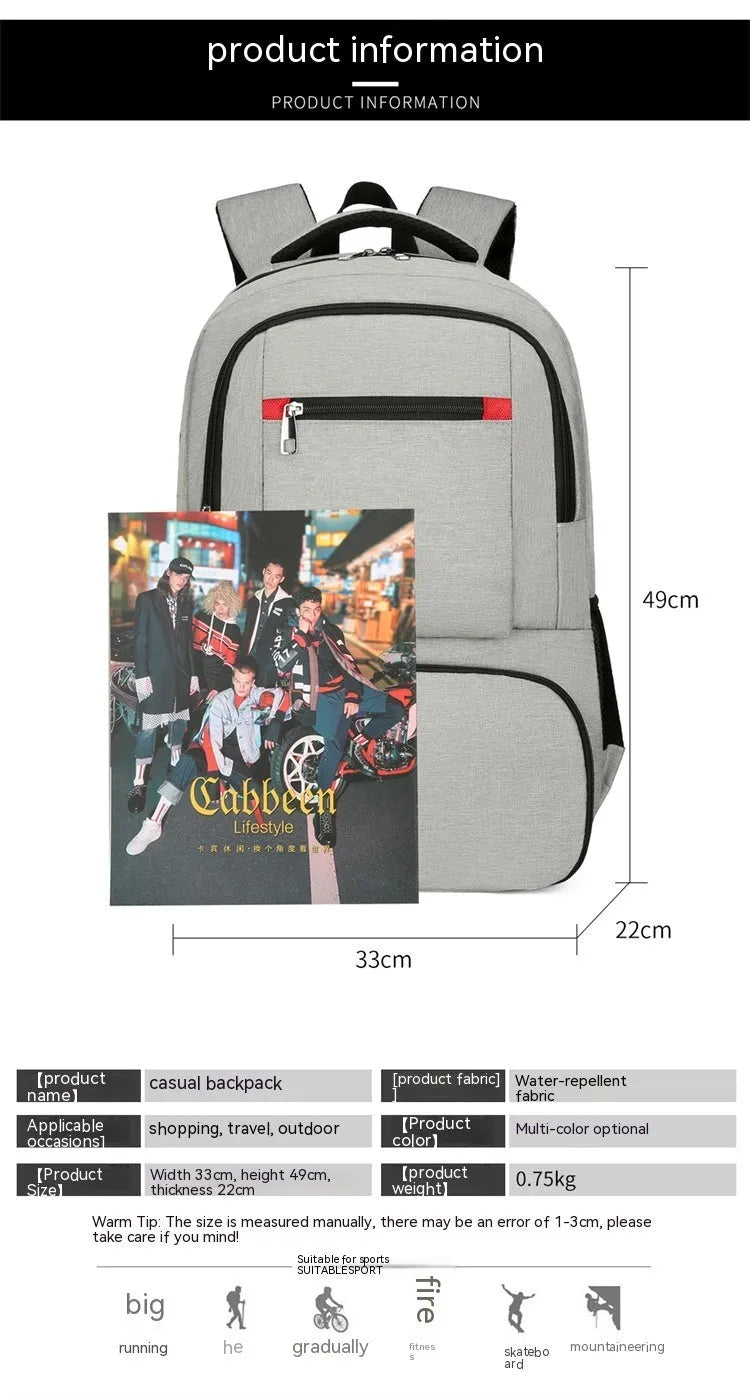 Light grey Oxford cloth insulated backpack with curved shoulder straps and a pull rod belt attached.