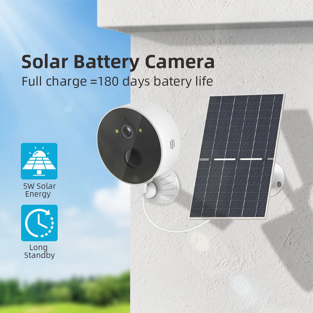 Outdoor solar-powered battery security camera and solar panel unit.