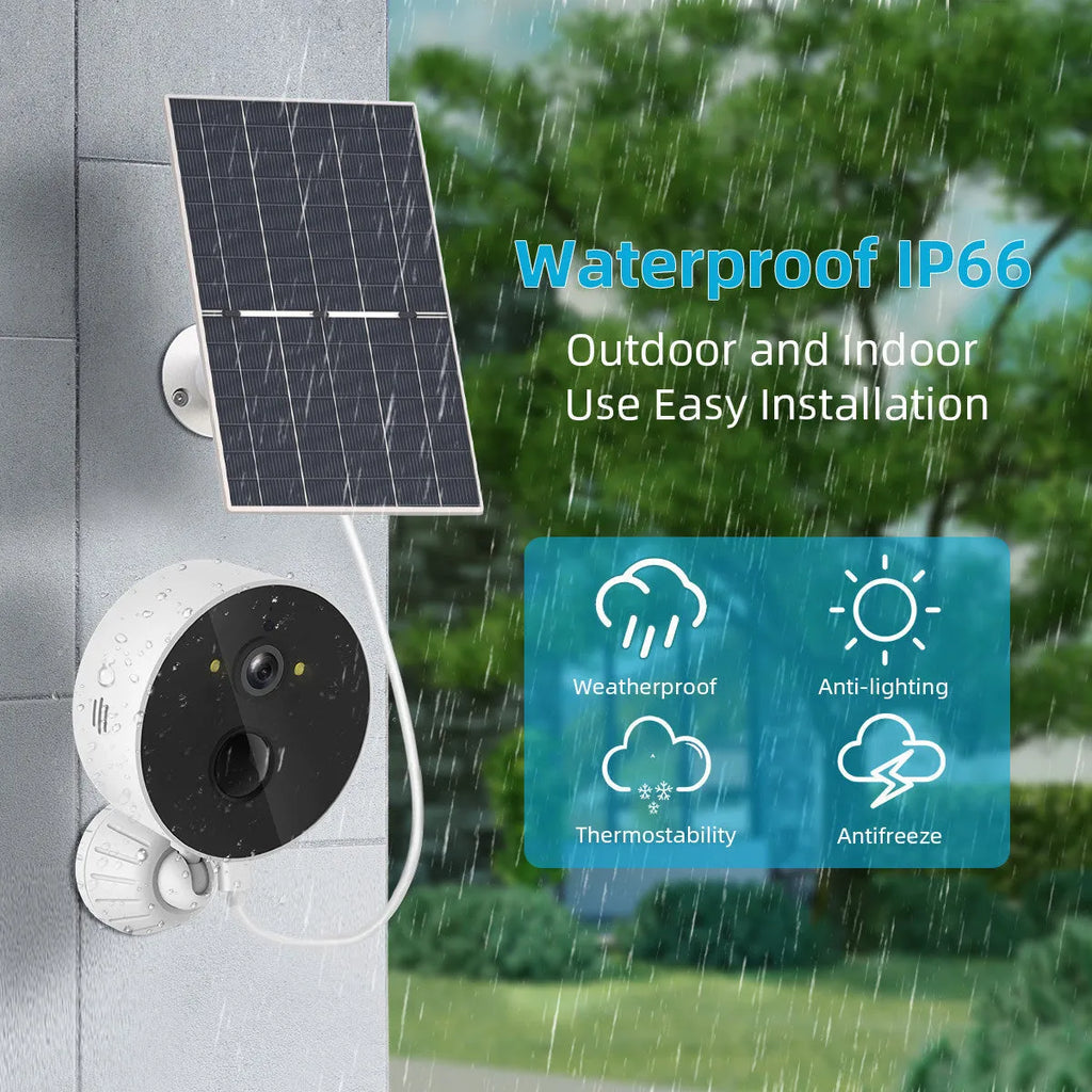 Outdoor solar-powered battery security camera and solar panel unit.