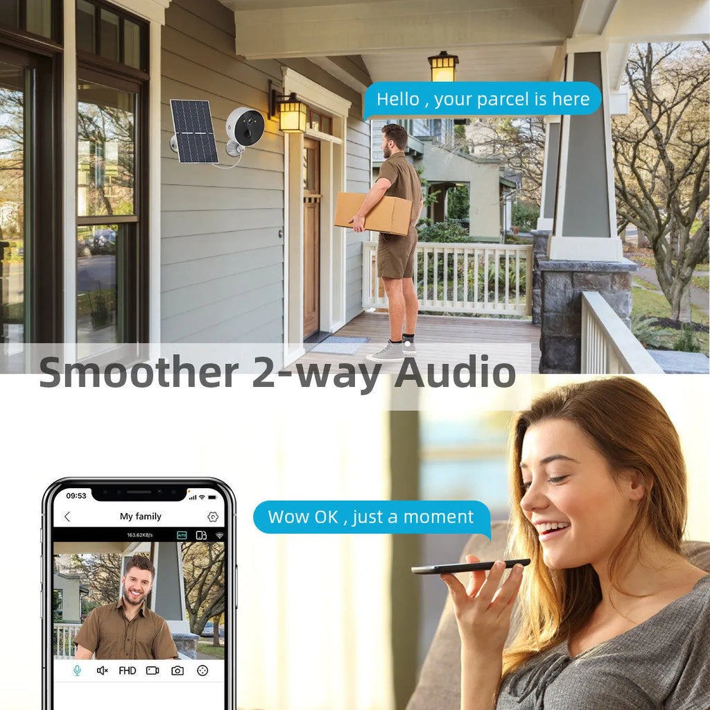 Outdoor solar-powered battery security camera and solar panel unit.