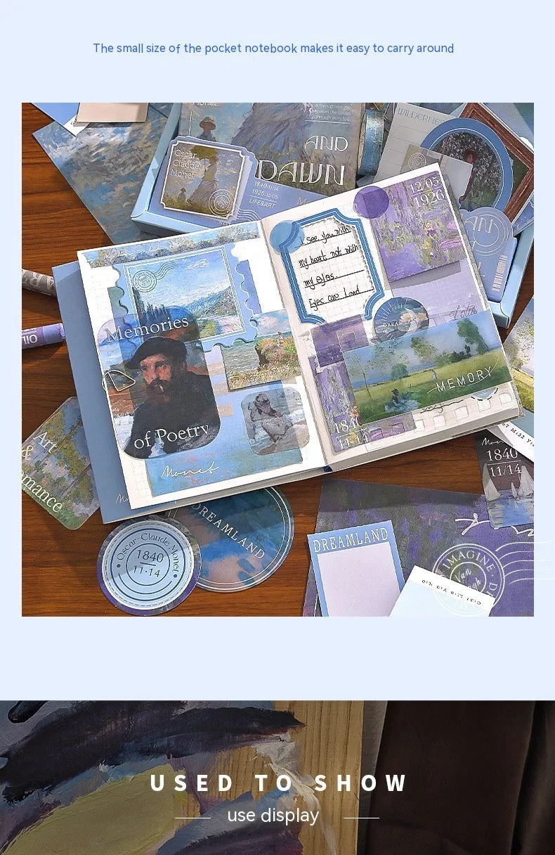 Hand Account Suit creative journal gift box open showing A6 grid notebook, paper stickers, cards, and photo frames.
