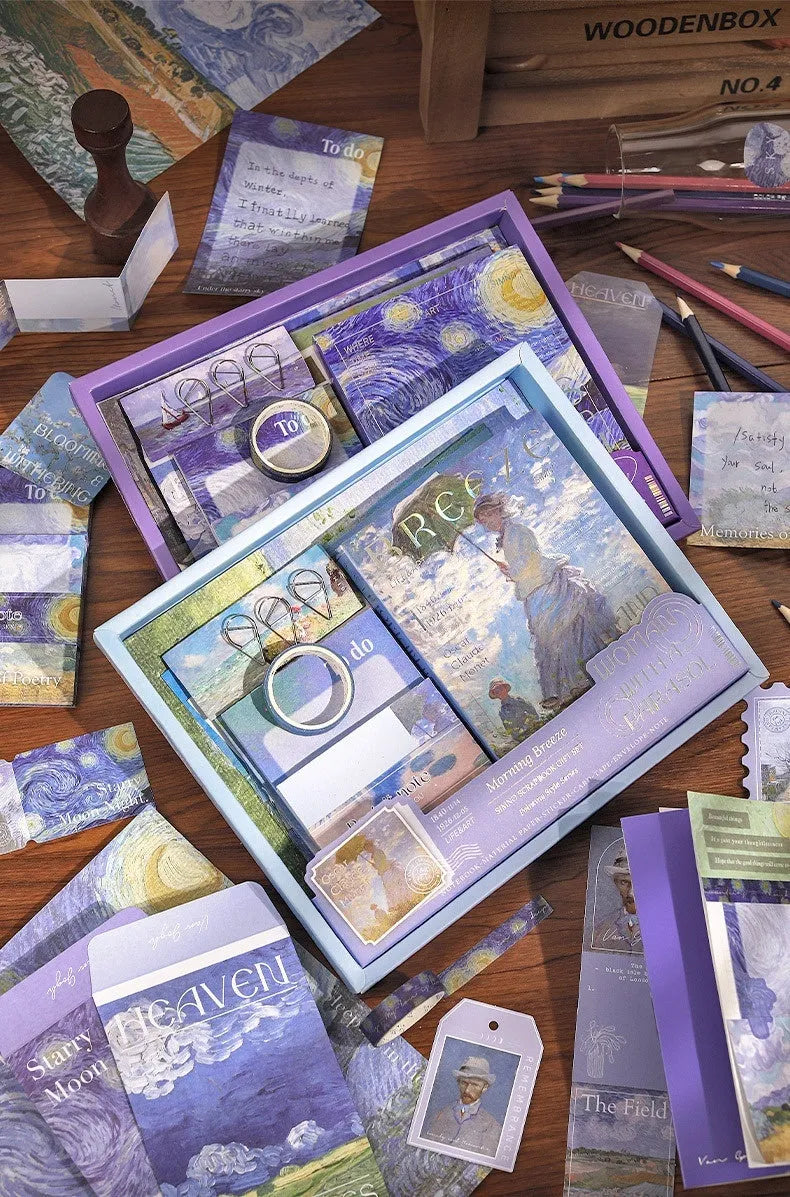 Hand Account Suit creative journal gift box open showing A6 grid notebook, paper stickers, cards, and photo frames.