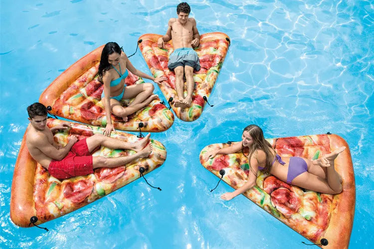 Large green inflatable pizza surfboard shaped recliner float on water