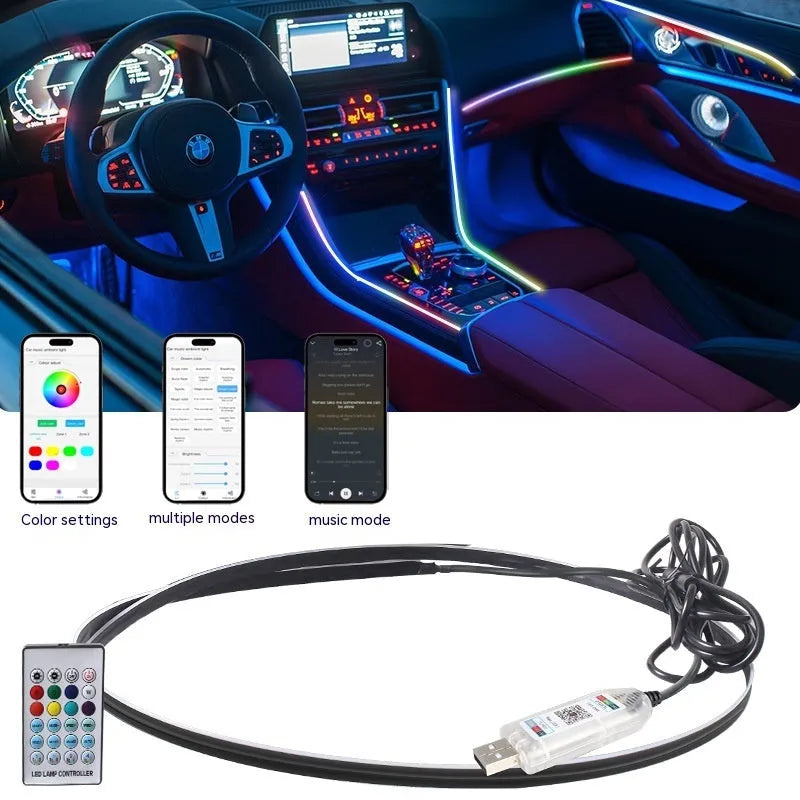 Car interior with colour-changing LED ambient lighting strip installed along dashboard