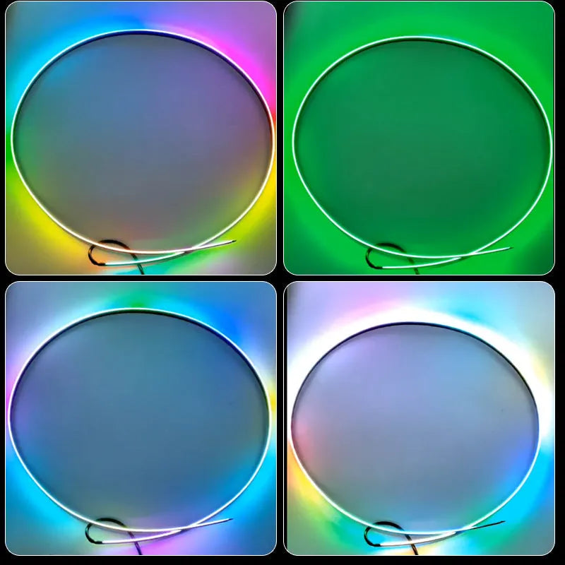 Car interior with colour-changing LED ambient lighting strip installed along dashboard