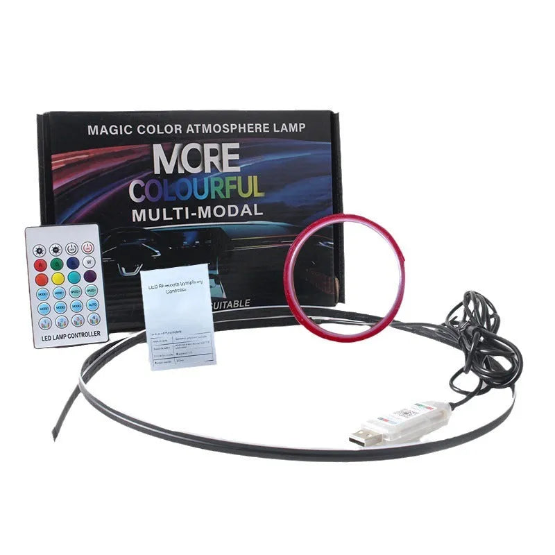 Car interior with colour-changing LED ambient lighting strip installed along dashboard