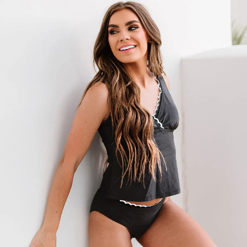 Black women's nylon bikini swimsuit on a white background