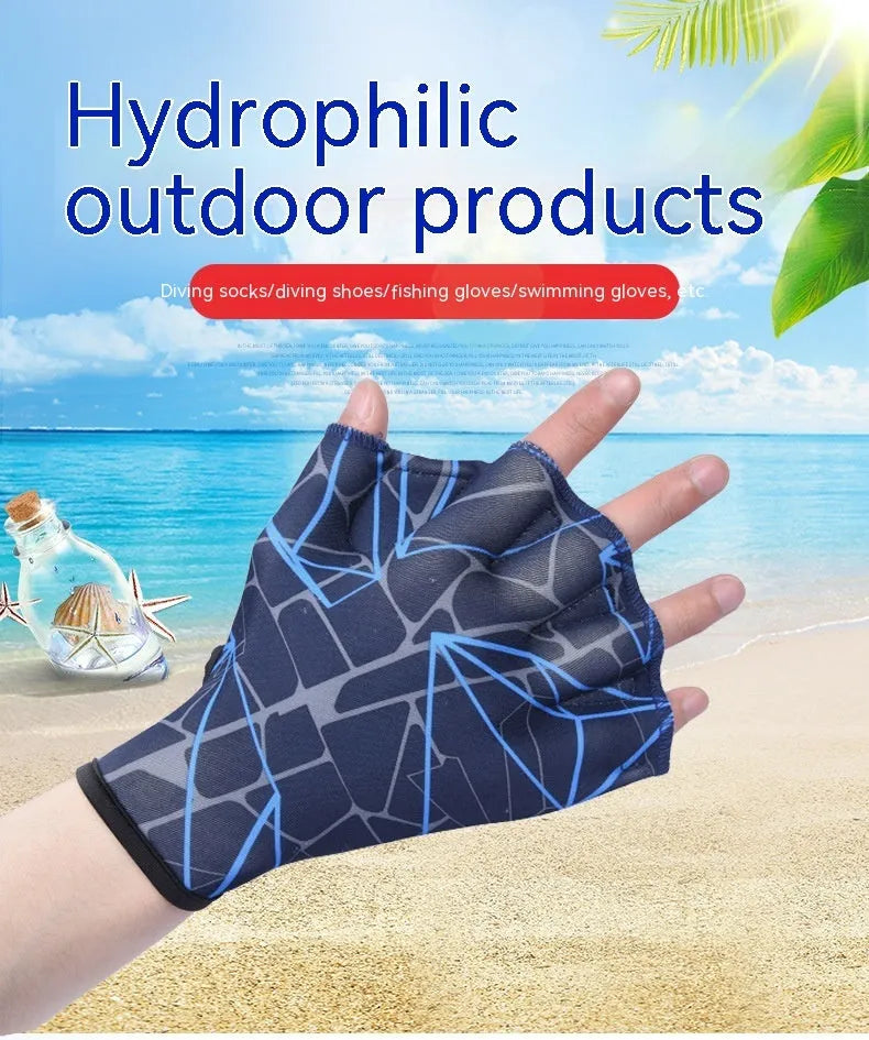 Pair of green print nylon swimming gloves with duck feet webbed design for hand propulsion.