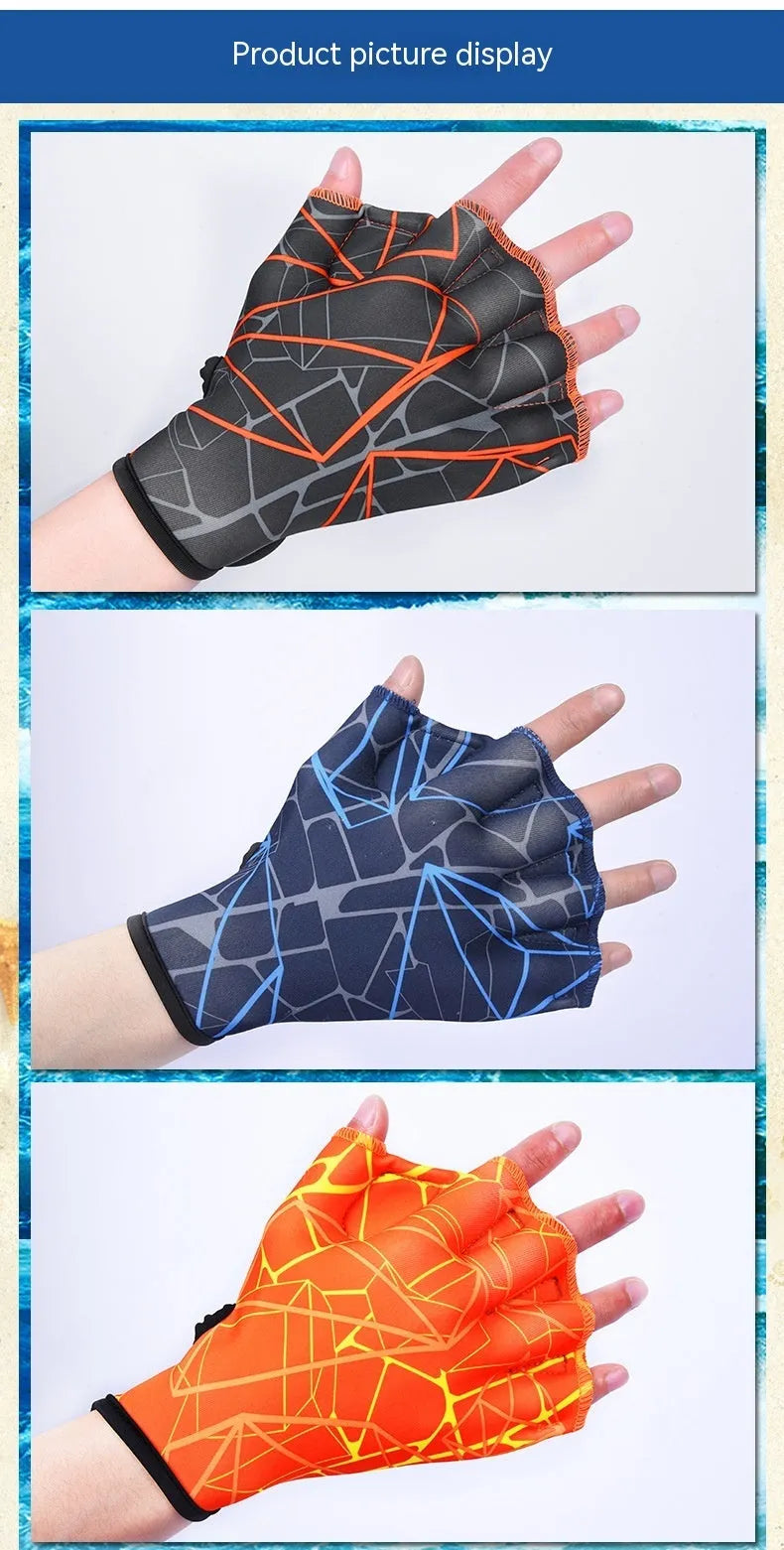 Pair of green print nylon swimming gloves with duck feet webbed design for hand propulsion.
