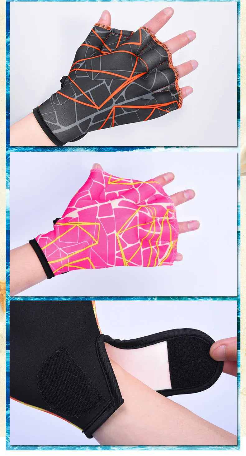 Pair of green print nylon swimming gloves with duck feet webbed design for hand propulsion.