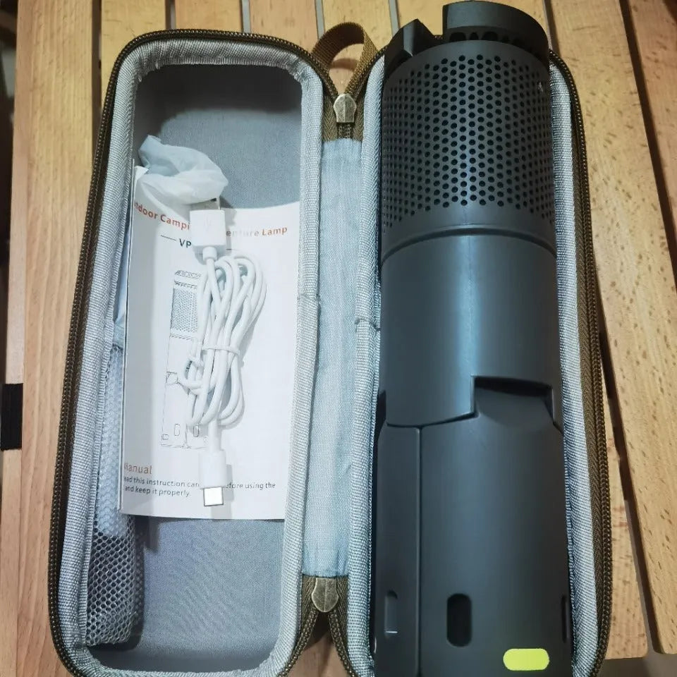 Portable LED camping light in creamy white and dark grey colours with button switch