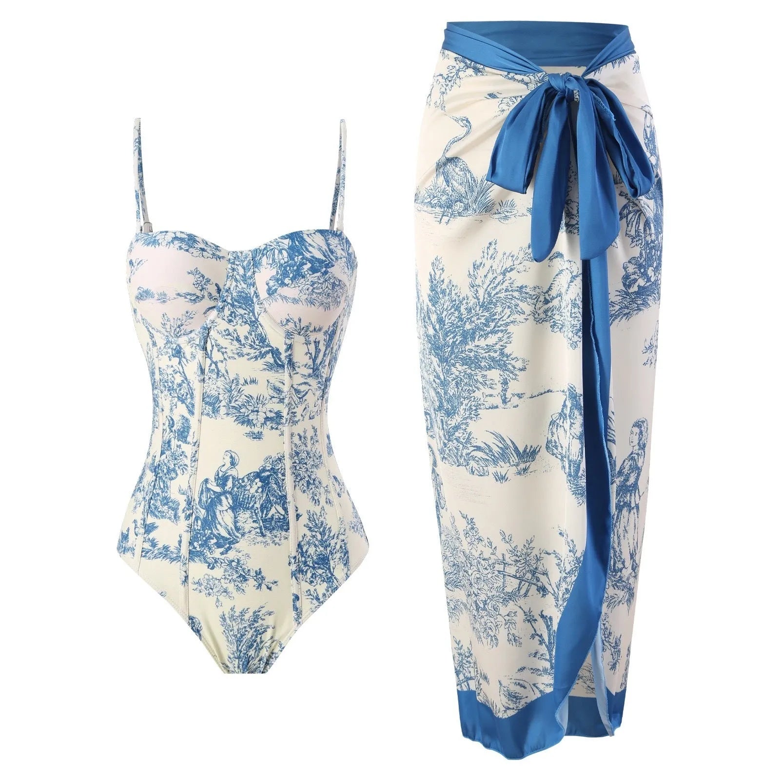 Blue women's one-piece polyester swimsuit with a separate matching gauze skirt.