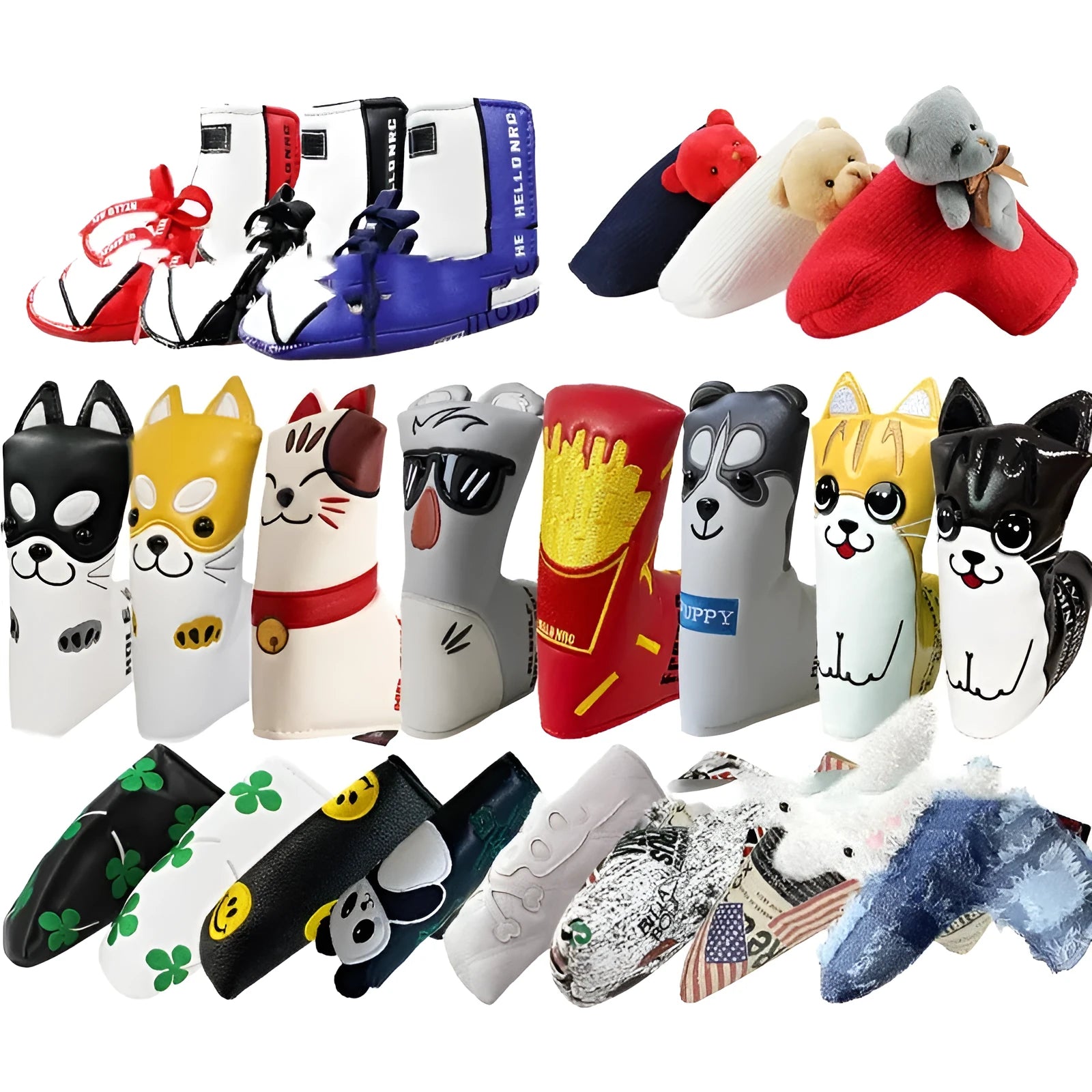Golf straight bar putter sleeve in PU waterproof fabric with fleece lining, shown in multiple design styles