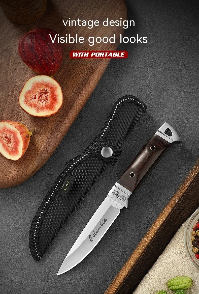 Stainless steel camping fruit knife with leather sheath case.