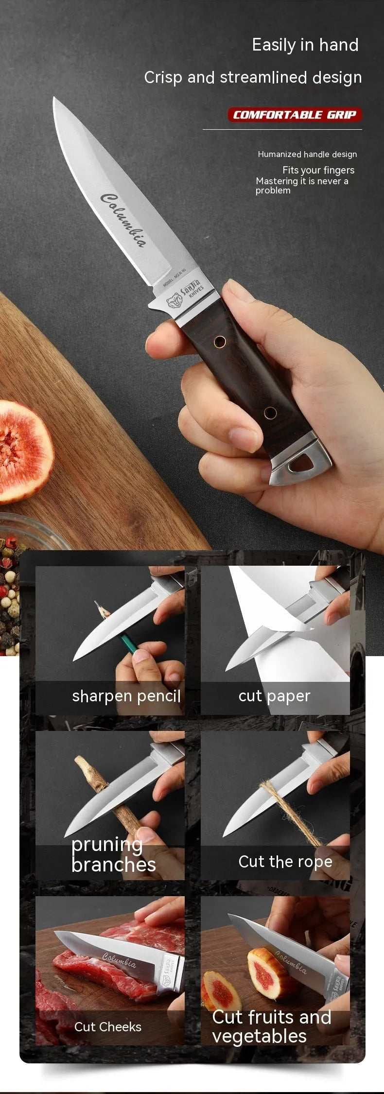 Stainless steel camping fruit knife with leather sheath case.