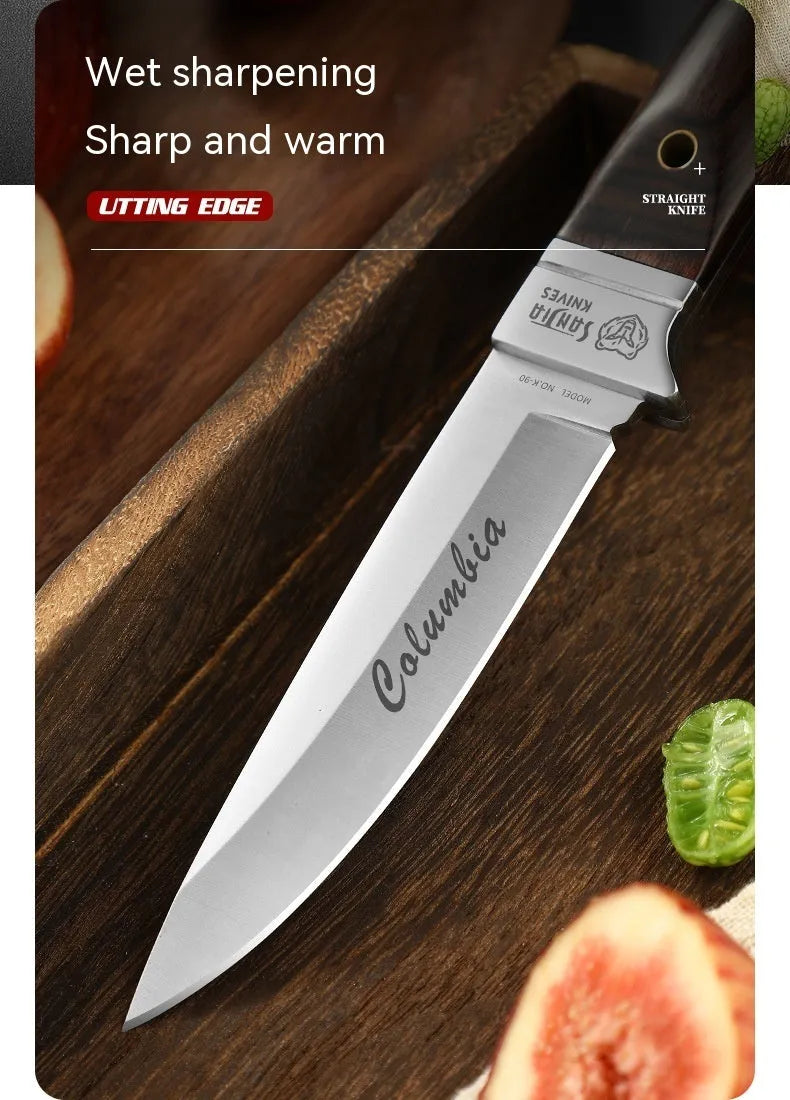 Stainless steel camping fruit knife with leather sheath case.