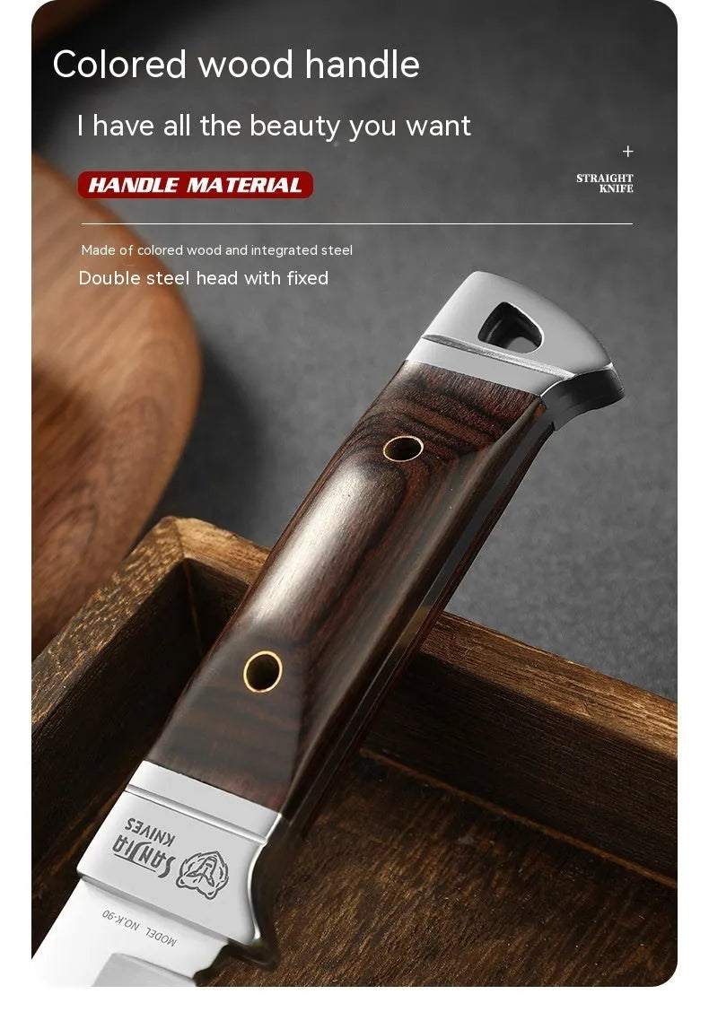 Stainless steel camping fruit knife with leather sheath case.