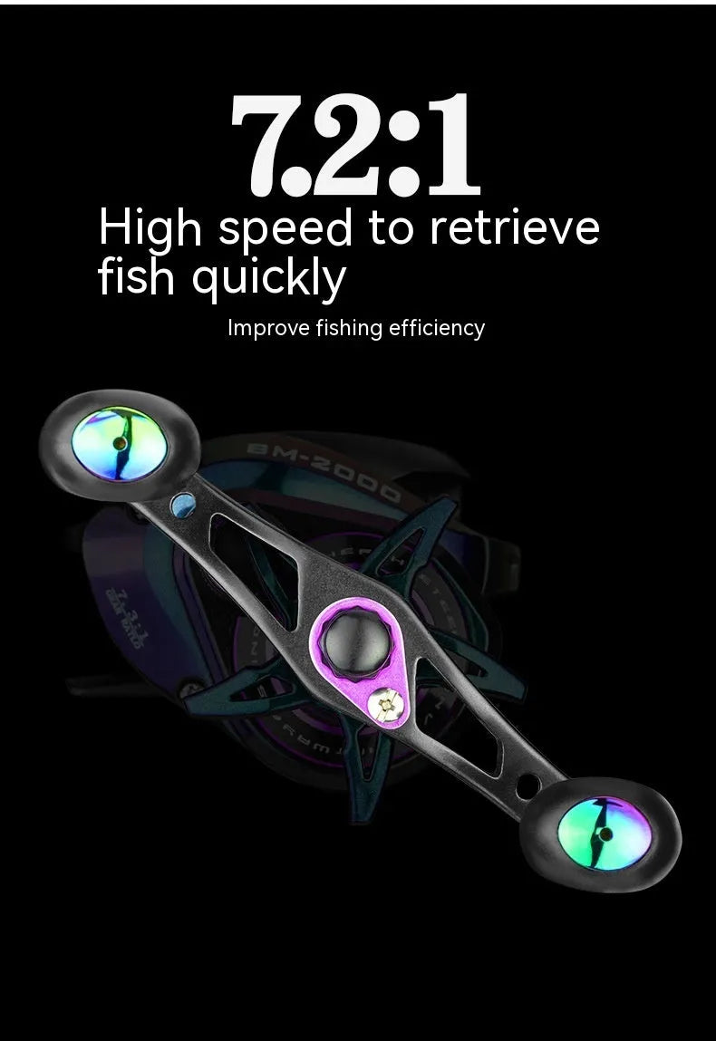 BM2000 model fishing reel with a water drop-shaped spool and magnetic brake system.