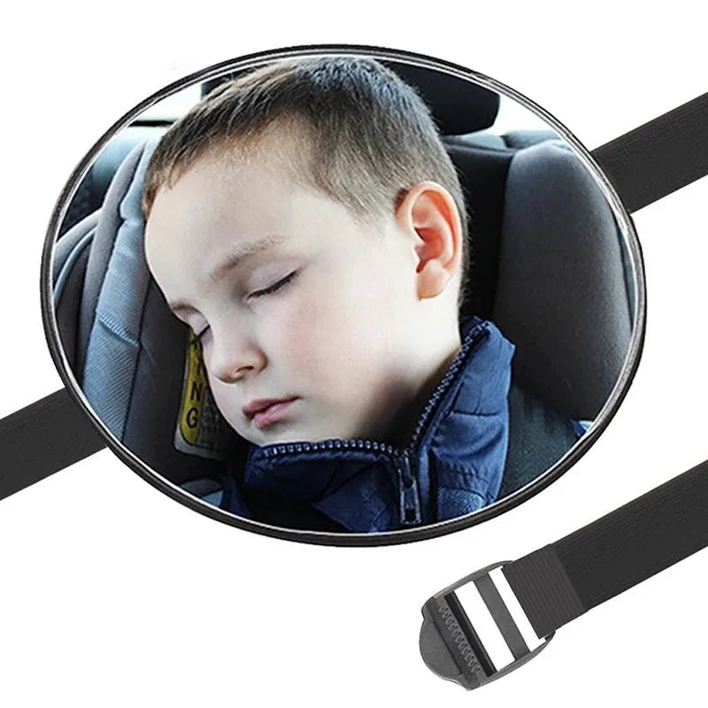 Black baby car rearview mirror with adjustable strap for viewing children in reverse-facing seats
