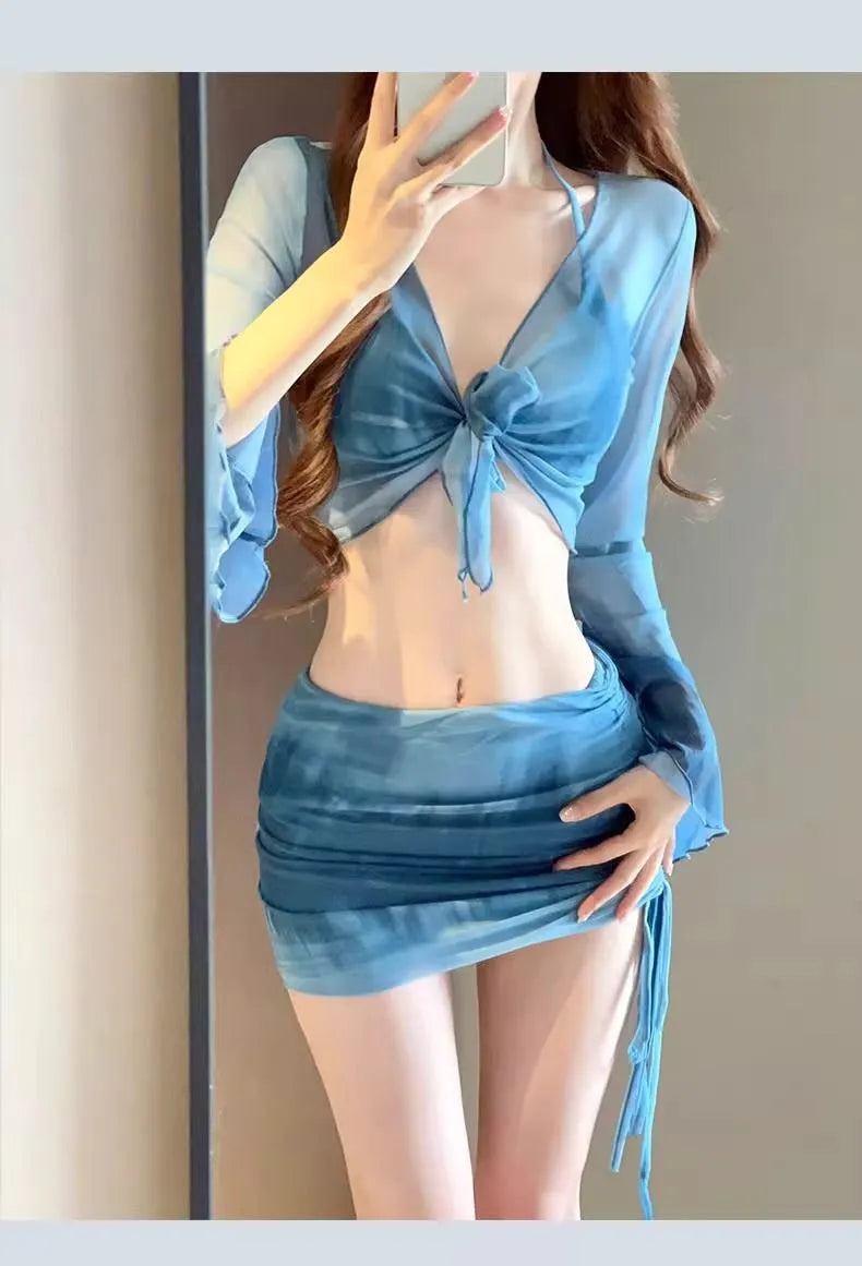 Women's blue high-waist bikini four-piece swimsuit set with shirt, bra, underwear and skirt
