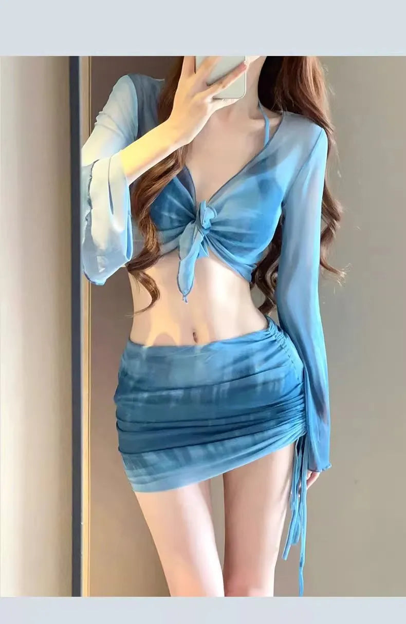 Women's blue high-waist bikini four-piece swimsuit set with shirt, bra, underwear and skirt