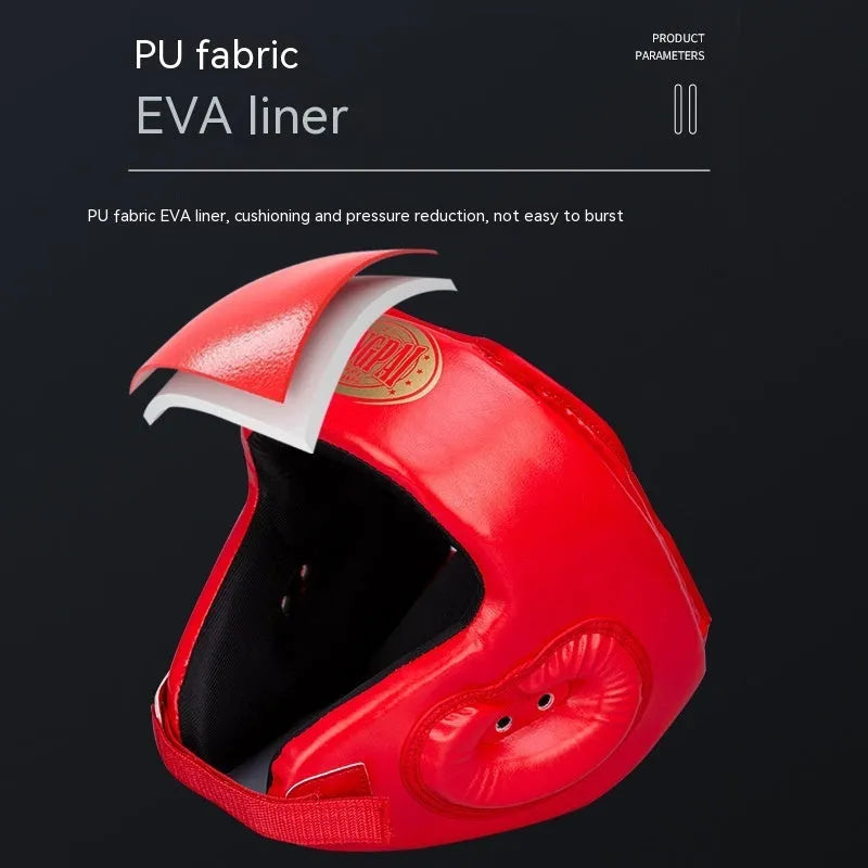 Red fully enclosed boxing helmet with jaw protection on white background