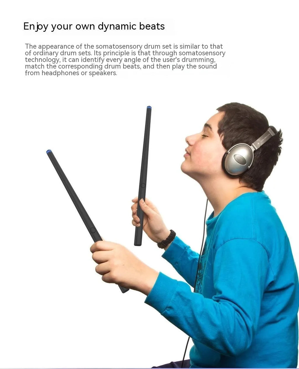 Black somatosensory air drum kit with wireless connectivity and LED lighting displayed with drumsticks