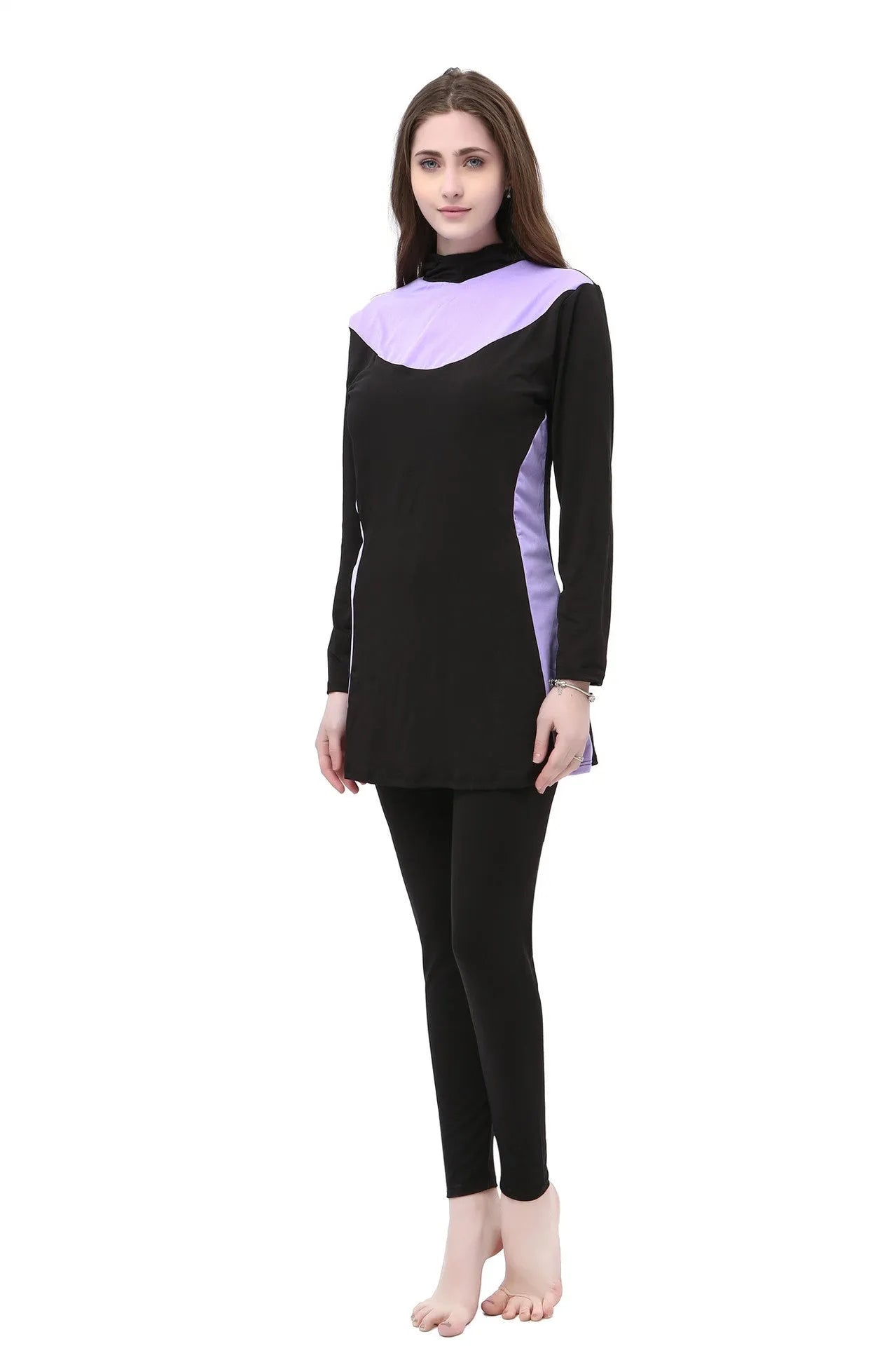 Women's black long sleeve hooded swimsuit top and pants set for swimming.