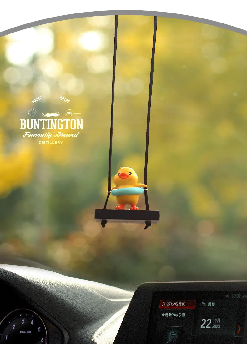 Yellow duck doll car hanging ornament in four cartoon designs: bath towel, swimming ring, bath bucket and bow pendant