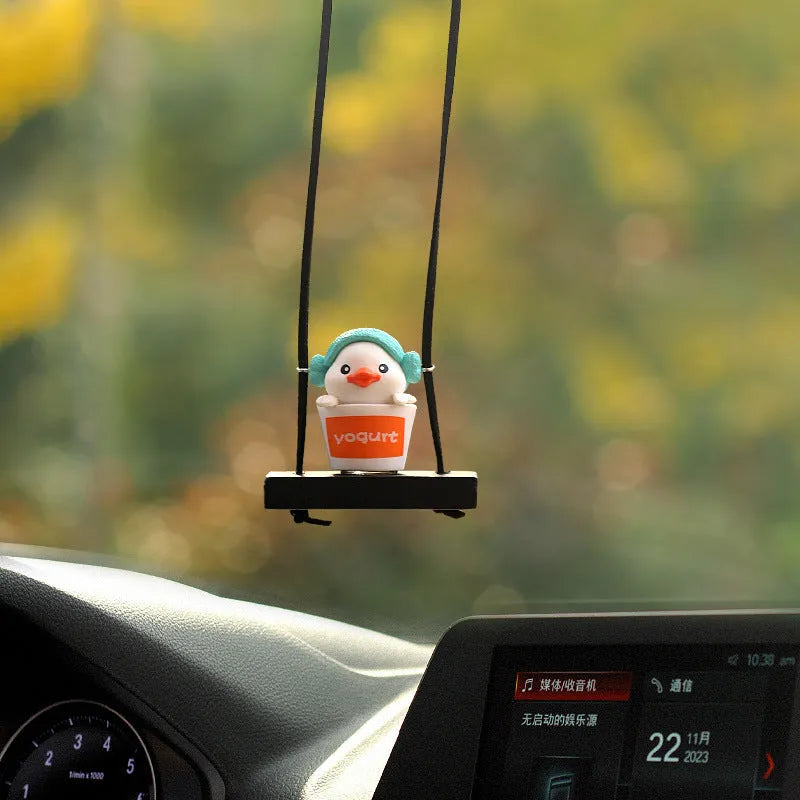 Yellow duck doll car hanging ornament in four cartoon designs: bath towel, swimming ring, bath bucket and bow pendant