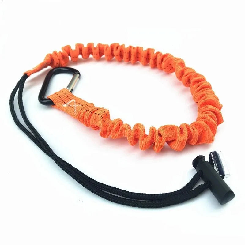 Orange fishing rod safety rope with metal snap hooks, 90cm length