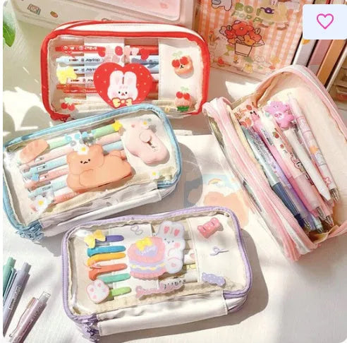 Transparent TPU pencil case with Japanese girl heart rabbit designs in red and pink colour options