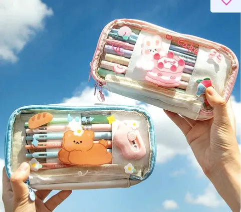 Transparent TPU pencil case with Japanese girl heart rabbit designs in red and pink colour options
