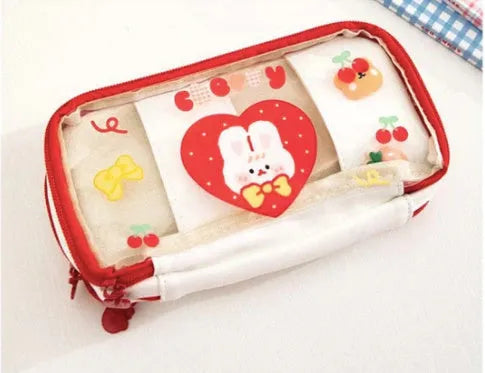 Transparent TPU pencil case with Japanese girl heart rabbit designs in red and pink colour options