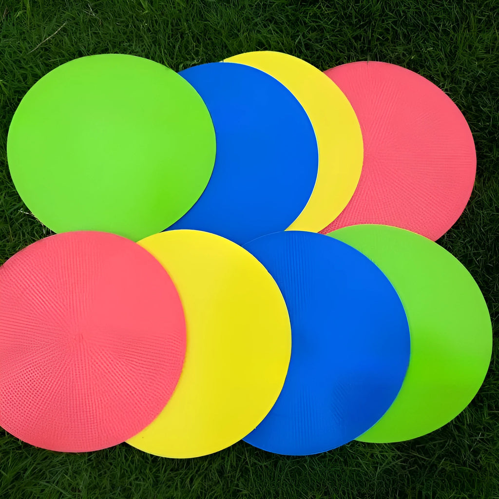 Yellow TPE football landmark pad disc on grass, 23cm diameter flat sports training marker.