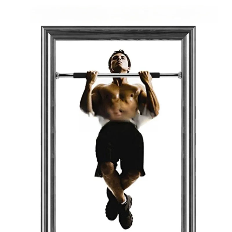Steel adjustable indoor pull-up bar extended for door frame fitness training.