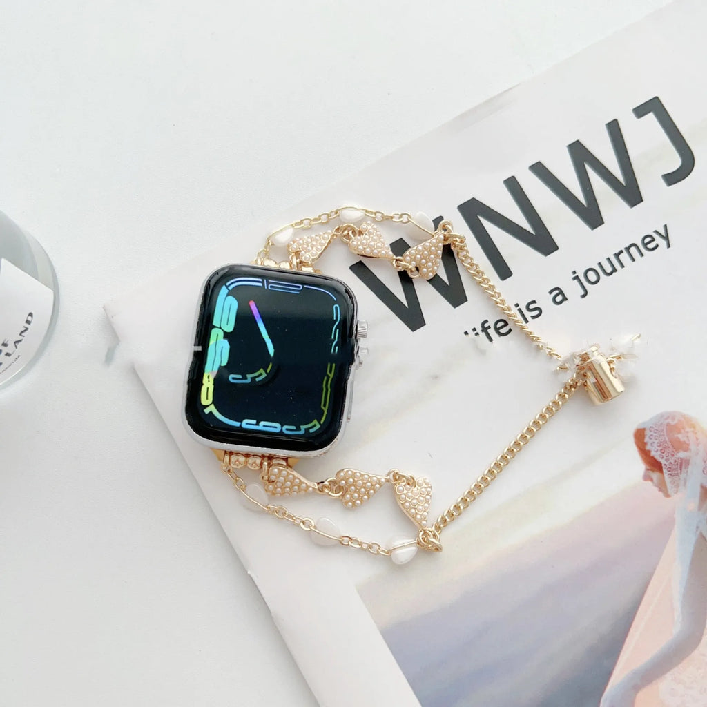Love bracelet pearl chain metal strap for Apple Watch 38-49mm in gold colour