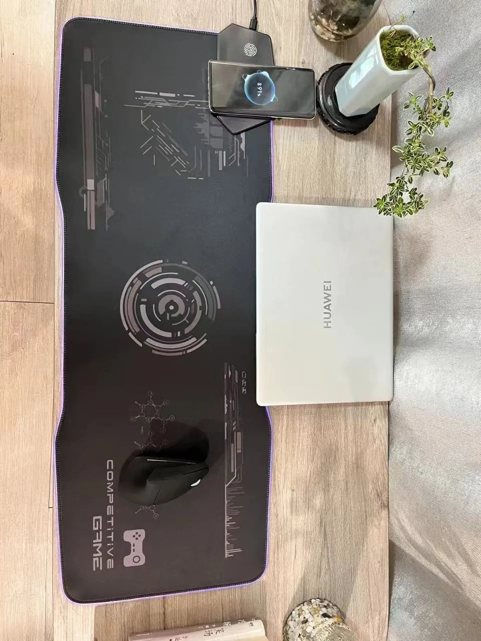 Black gaming mouse mat with luminous TYPC interface showing 300x800mm dimensions