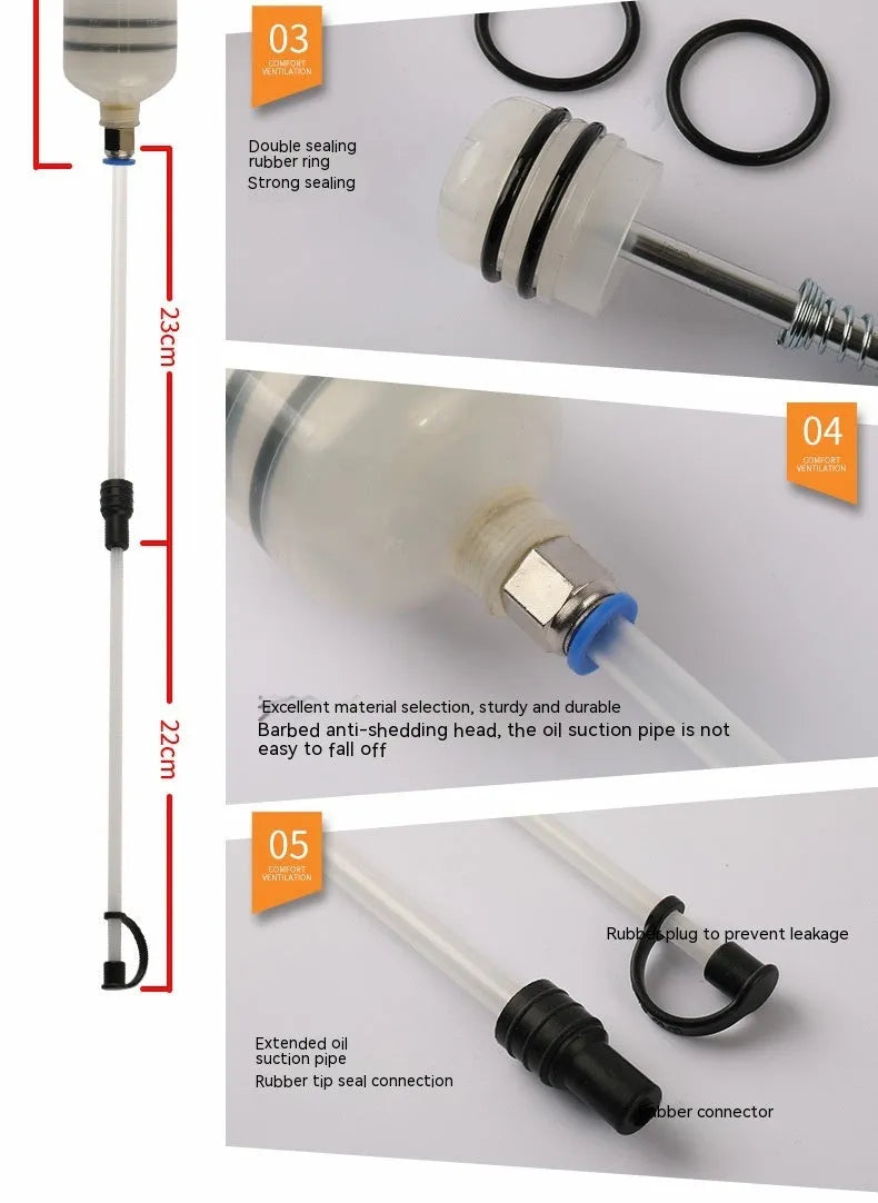 Manual oil pump tool with syringe-style barrel for suction and injection fluid transfer