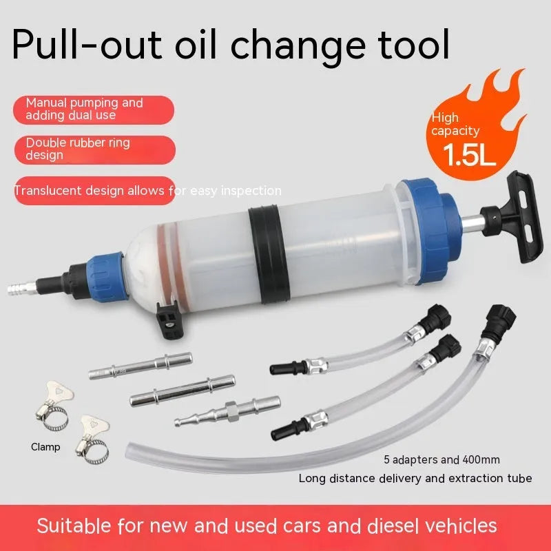 Manual oil pump tool with syringe-style barrel for suction and injection fluid transfer