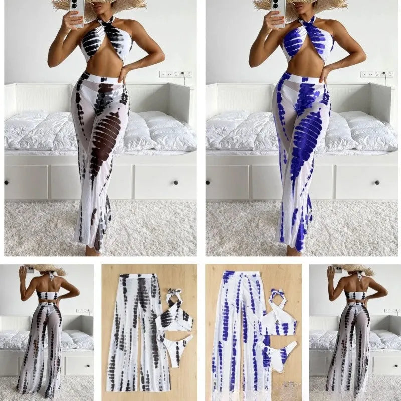 Women's three-piece swimsuit bikini set with trousers in black printing design