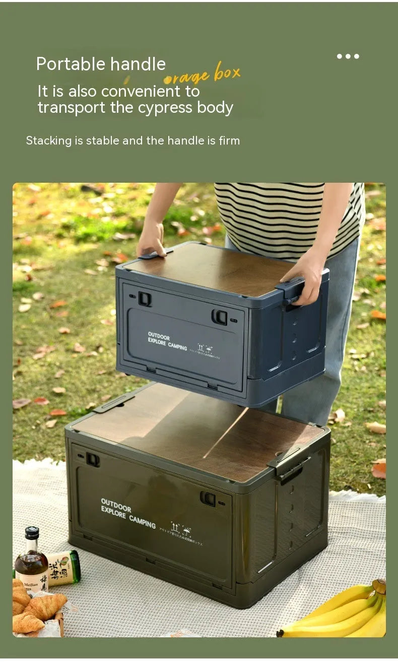 Large green plastic storage box with a wooden lid, showing foldable sides.