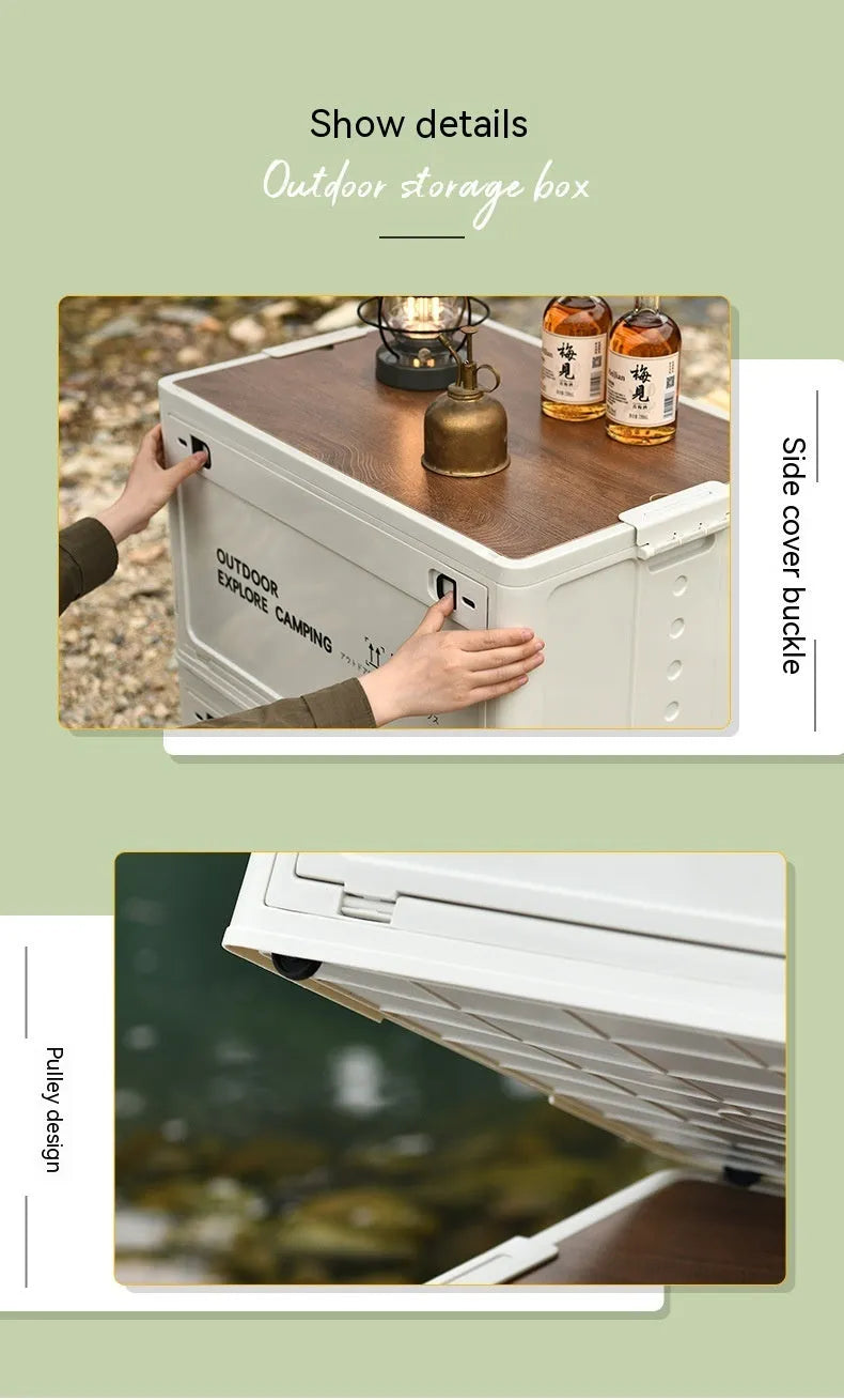 Large green plastic storage box with a wooden lid, showing foldable sides.